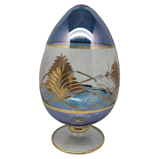 Blue Glass Etched Egg With Gold Accents